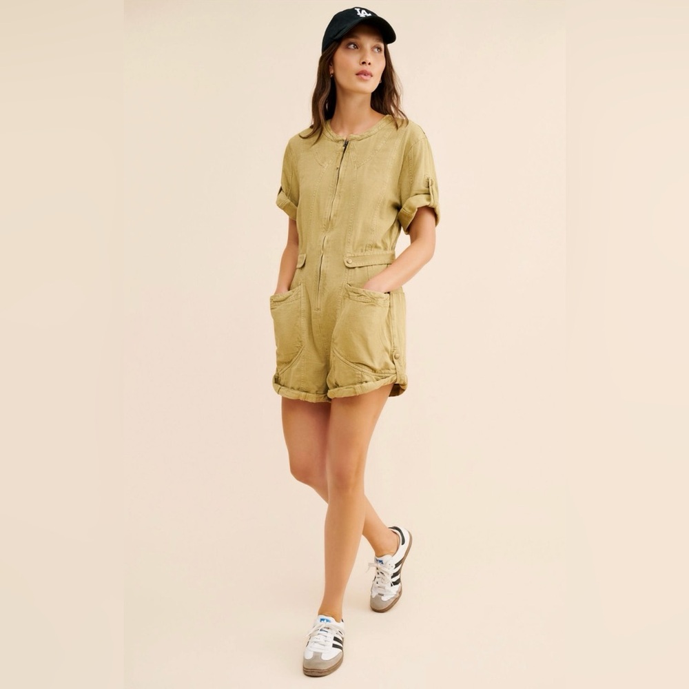 Free People Let's Ride Shortalls in Greyed Olive, Size Large, Summer Staple!